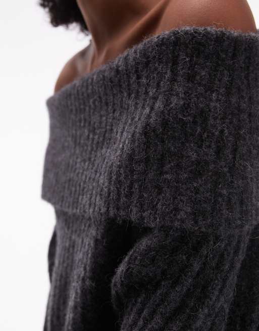 ARKET alpaca wool blend sweater with fold over off shoulder in dark grey