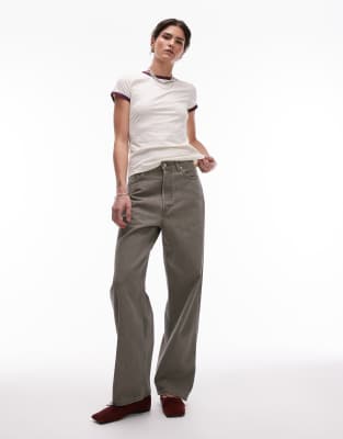 Amber barrel leg jeans in seam detail in washed khaki-Green