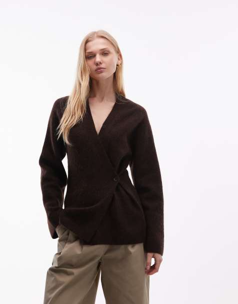 ARKET asymetric soft touch cinched waist cardigan in chocolate brown - view 1