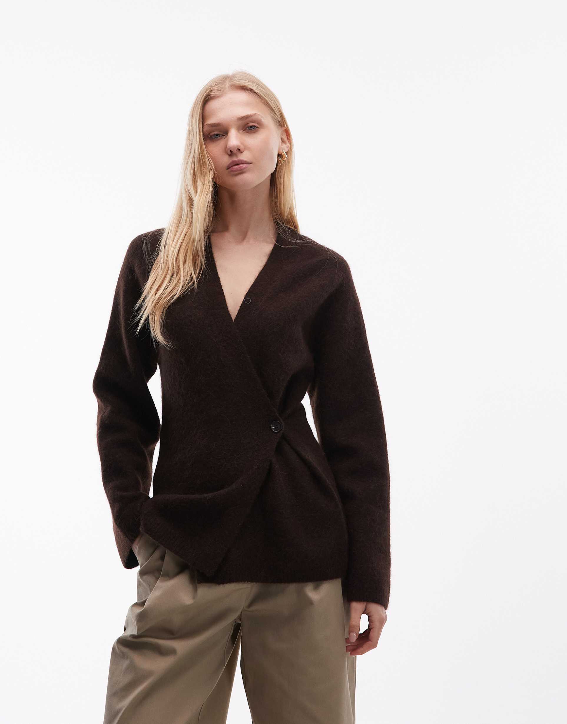 arket asymetric soft touch cinched waist cardigan in chocolate brown