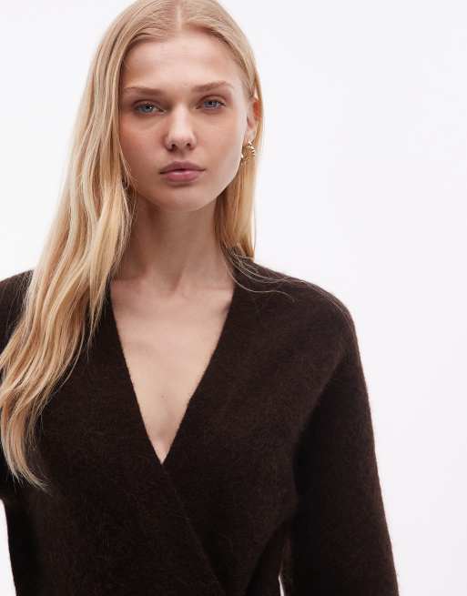 ARKET asymetric soft touch cinched waist cardigan in chocolate brown, 4 of 4