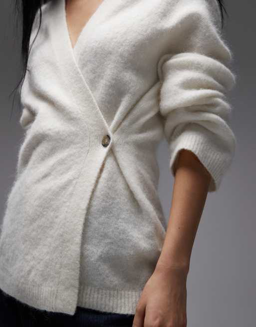 ARKET asymmetric fluffy wrap cardigan in off white, 3 of 4