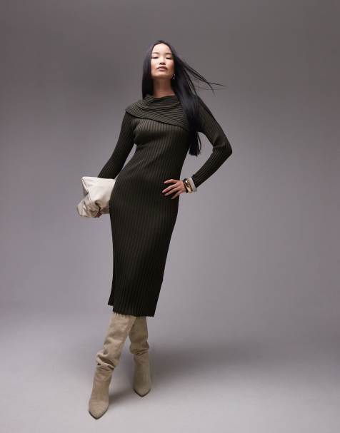 ARKET asymmetric shoulder knitted midi dress in khaki green - view 1