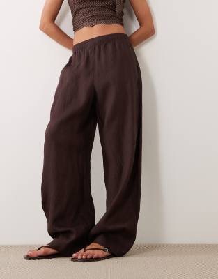 barrel leg linen pants in chocolate brown