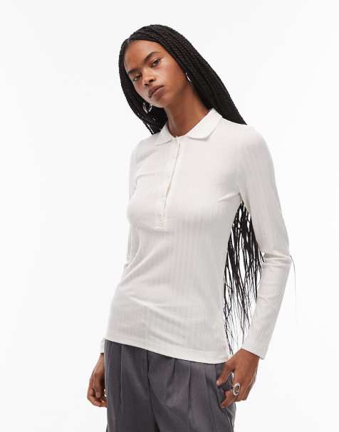 Arket – Biała rozciągliwa koszulka polo z długimi rękawami z prążkowanego dżerseju - view 1