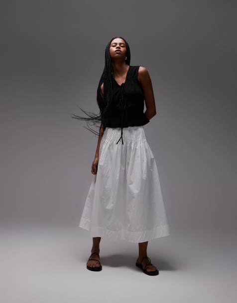 ARKET maxi skirt with cinched waist pintuck detail in white