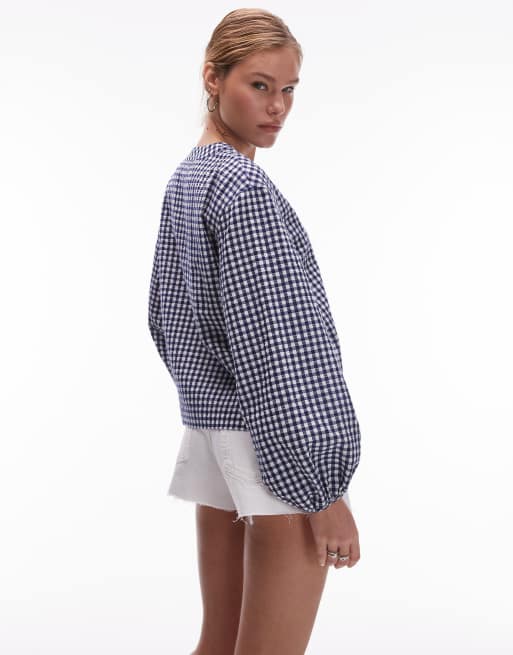 ARKET - Blouse à carreaux vichy avec col V et liens noués à l'avant - Bleu, 3 de 4