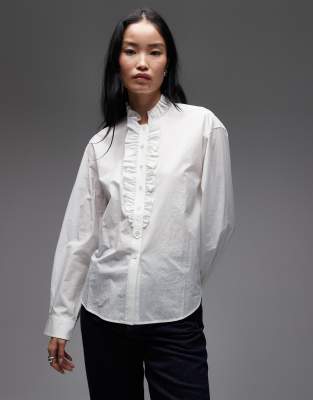 Blouse en pur coton à manches longues et détail volanté - Blanc cassé 42