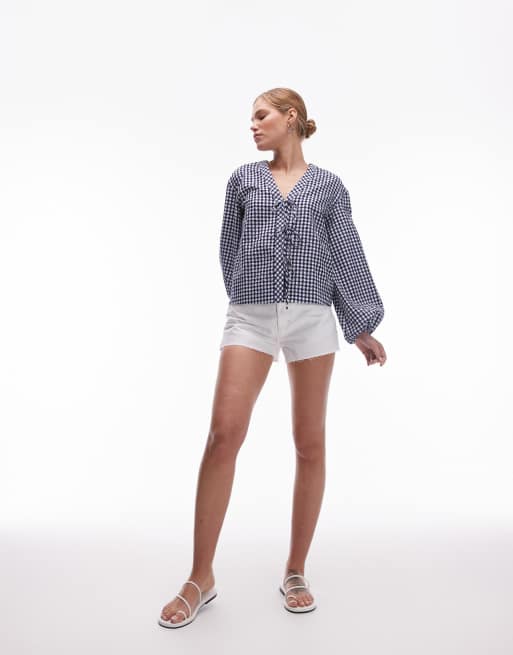 ARKET - Blouse met v-hals, gingham ruiten en strikje voor in blauw, 4 van 4