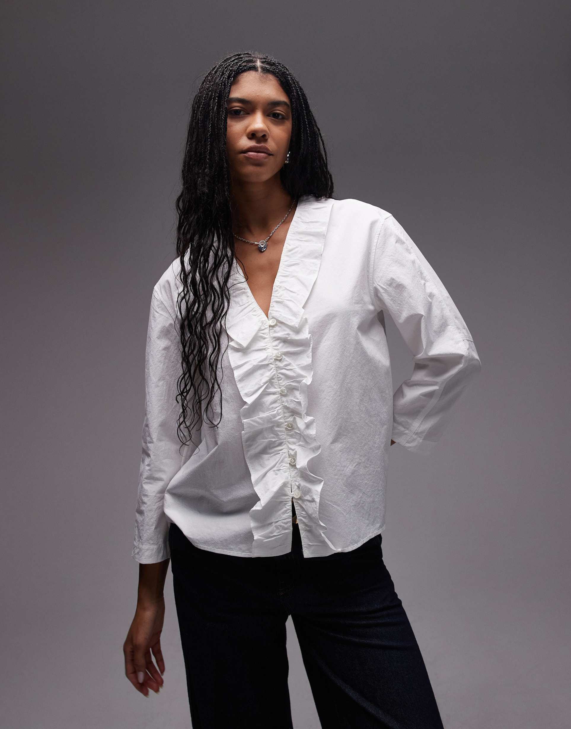 arket blouse with ruffle front in off-white