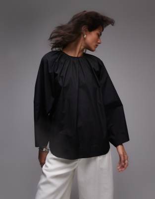 Arket Blouse With Sculptural Sleeves And Gathered Back Detail In Black