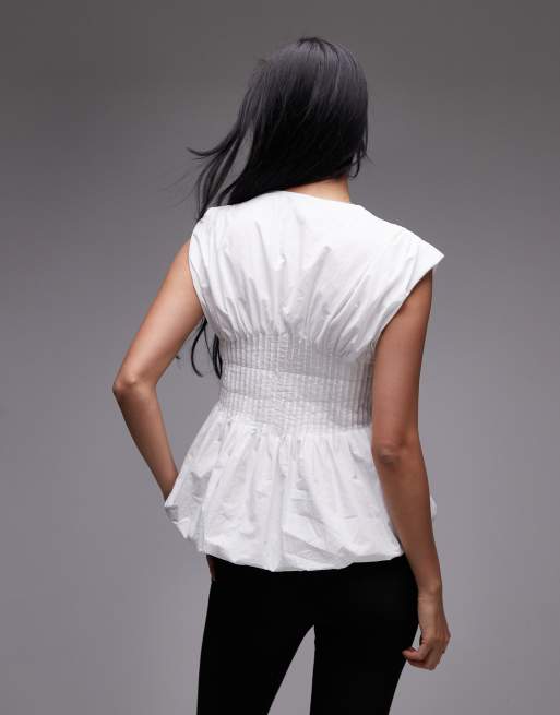 ARKET - Blusa bianca in popeline di puro cotone con vita stile corsetto e pinces, 3 di 4