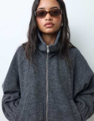 Arket Boiled Wool Funnel Neck Bomber Jacket In Gray