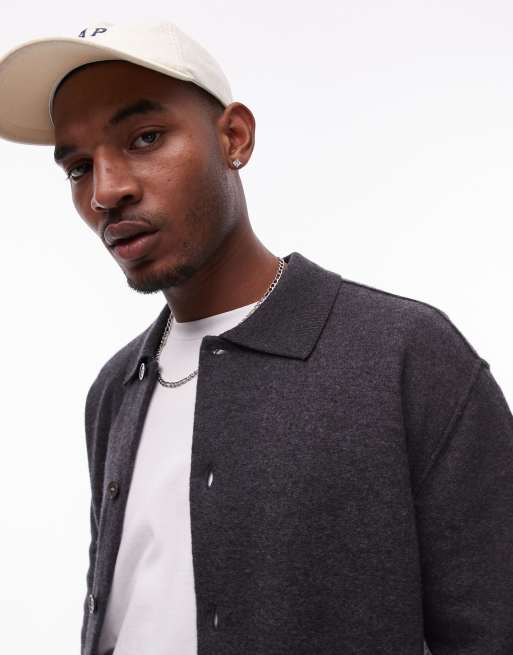 ARKET boiled wool oversized cardigan with button front and polo collar in dark gray
