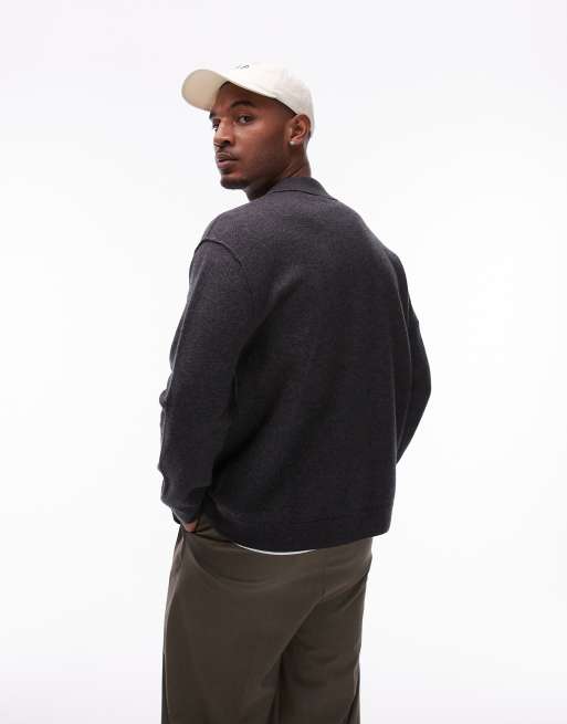 ARKET boiled wool oversized cardigan with button front and polo collar in dark gray
