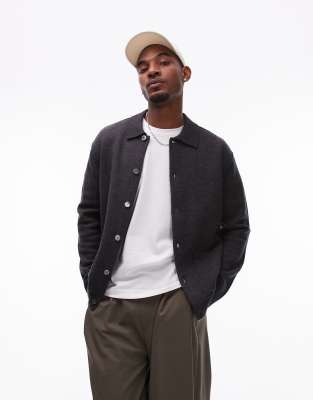 Arket ARKET boiled wool oversized cardigan with button front and polo collar in dark grey