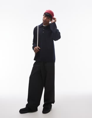 Arket Boiled Wool Sweater With Button Polo Collar In Blue