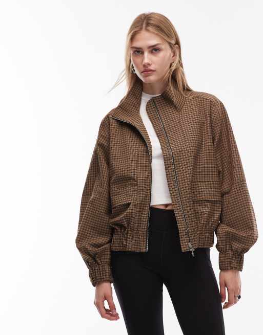 ARKET - Bomber in misto lana elasticizzato marrone chiaro a quadri con scollo a imbuto in coordinato