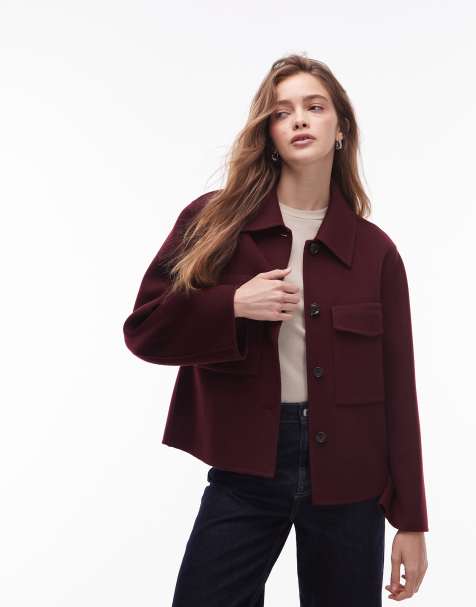 ARKET double layer wool jacket   with button front and front pockets in burgundy