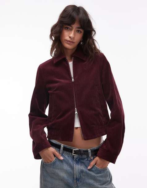 ARKET cord blouson jacket with zip front in burgundy
