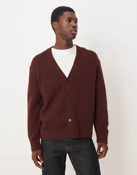 ARKET wool cardigan with button front in burgundy wine