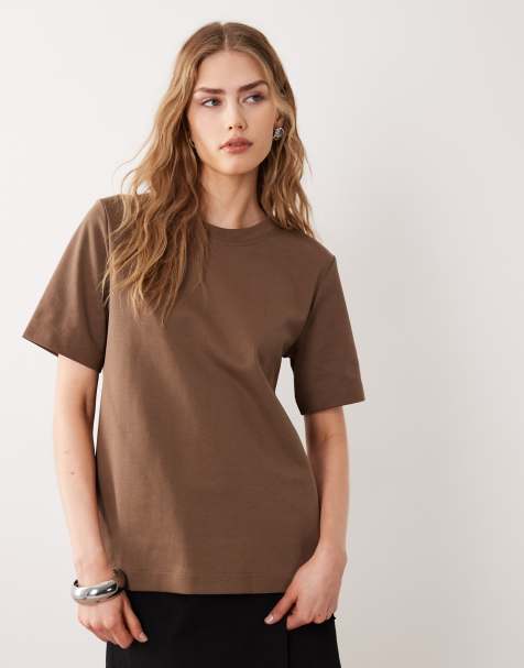 ARKET – Brązowy gruby T-shirt z krótkimi rękawami z materiału interlock ze stretchem - view 1