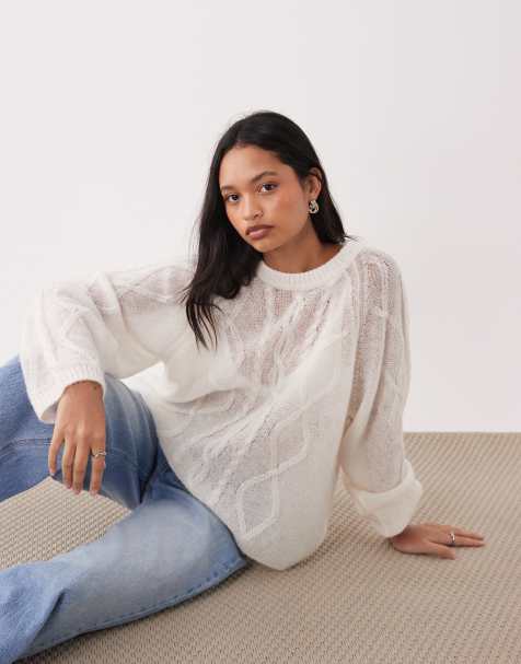 ARKET cable knit crew neck jumper in white - view 1