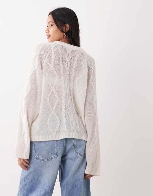 ARKET cable knit crew neck sweater in white, 3 of 4