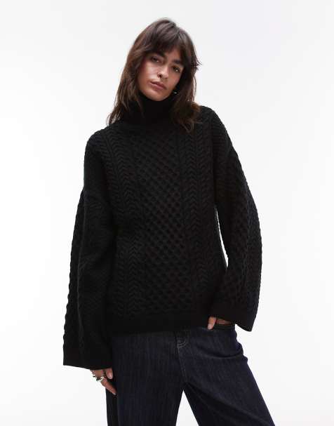ARKET cable knit sweater in decorative pattern with high neck in black - view 1