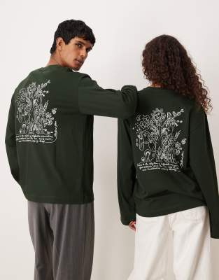 Arket Cafe Unisex Long Sleeve Back Print T-shirt In Green