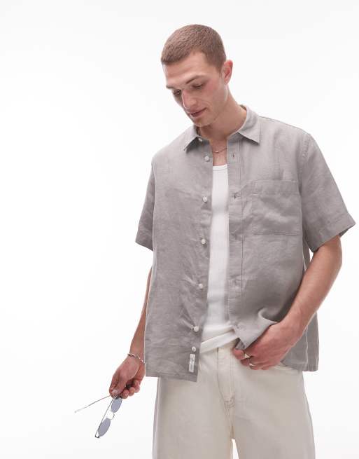 ARKET - Camicia comoda in lino grigia a maniche corte