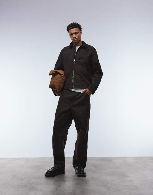 ARKET canvas zip front workwear jacket in brown | ASOS