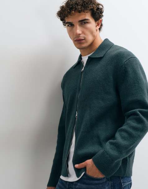 ARKET cárdigan de lana con cremallera y cuello polo en verde oscuro - view 1