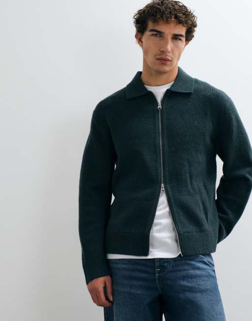 ARKET cárdigan de lana con cremallera y cuello polo en verde oscuro, 4 de 5