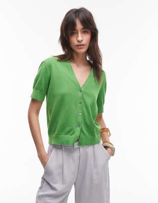 ARKET - Cardigan in maglia sottile in puro cotone verde con maniche corte - view 1
