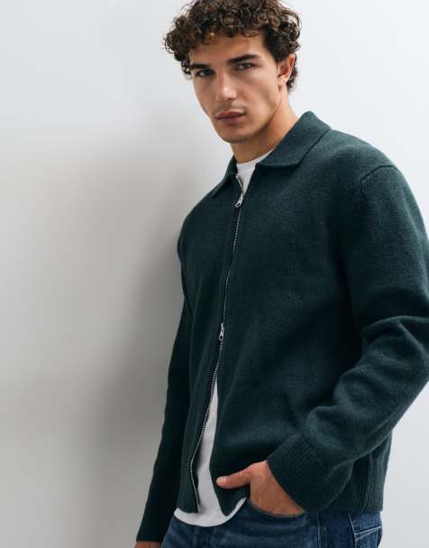 ARKET cardigan zippé en laine avec col polo en vert foncé - view 1