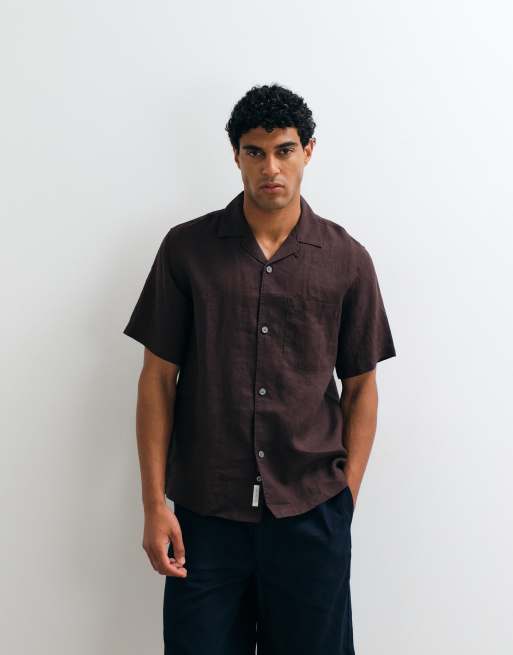 ARKET - Chemise décontractée en pur lin à manches courtes - Marron chocolat, 4 de 5