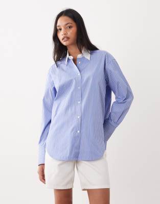 Chemise en coton à rayures et poignets contrastants - Bleu/blanc 44