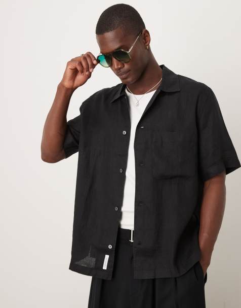 ARKET - Chemise en lin manches courtes avec poche avant - Noir - view 1