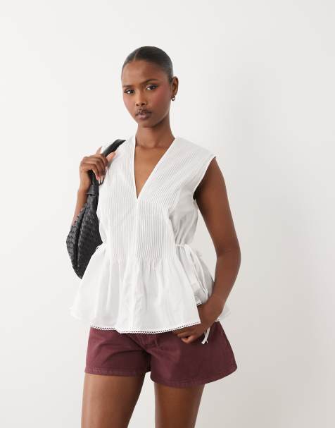 ARKET cinched peplum sleeveless top in white