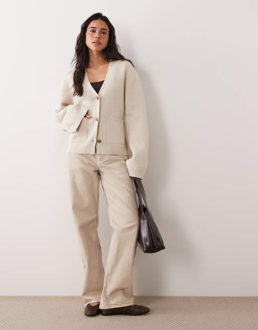 ARKET cinched waist cardigan in beige, 3 of 4