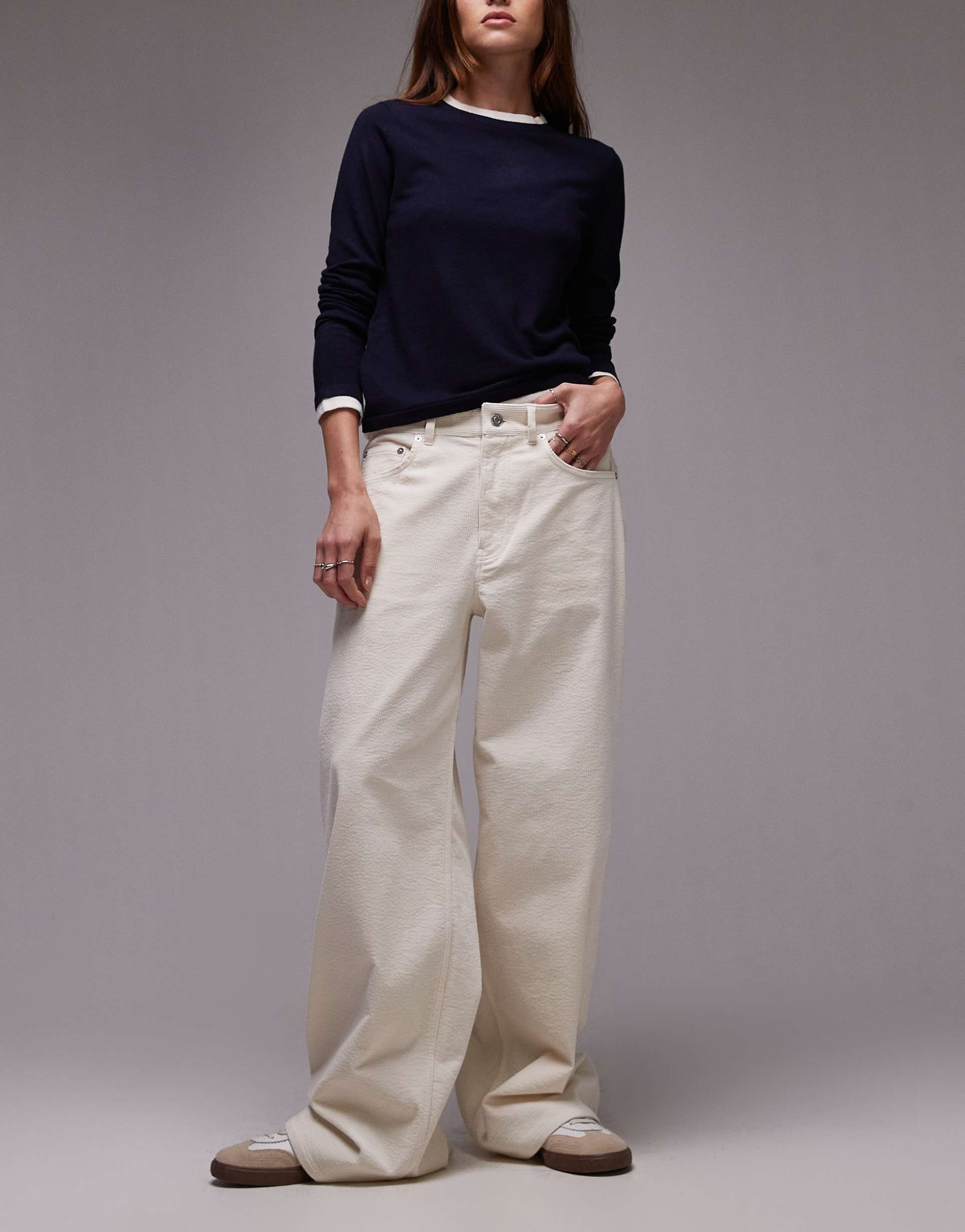 arket cloud low rise baggy wide leg stretch cord pants in ecru