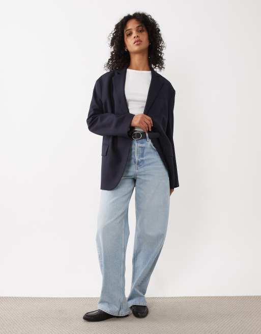 ARKET co-ord blazer van zuivere wol met structuur en oversized fit in navy, 2 van 4