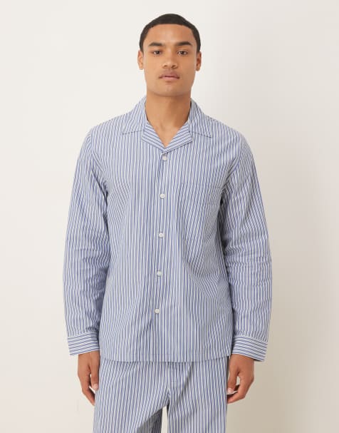 ARKET co-ord premium cotton long sleeve pyjama shirt in blue and white stripe - view 1