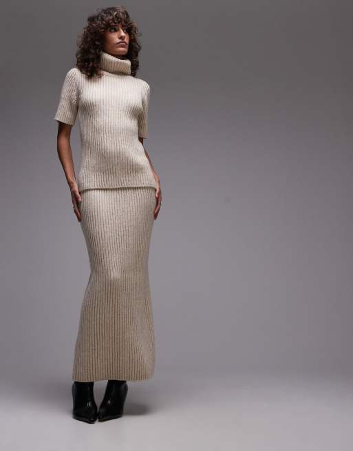 ARKET co-ord wool and cotton blend knitted rib short sleeve sweater with roll neck and maxi skirt in light beige