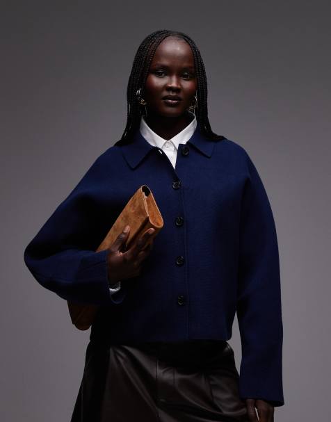 ARKET compact cotton cardigan with collar in navy - view 1