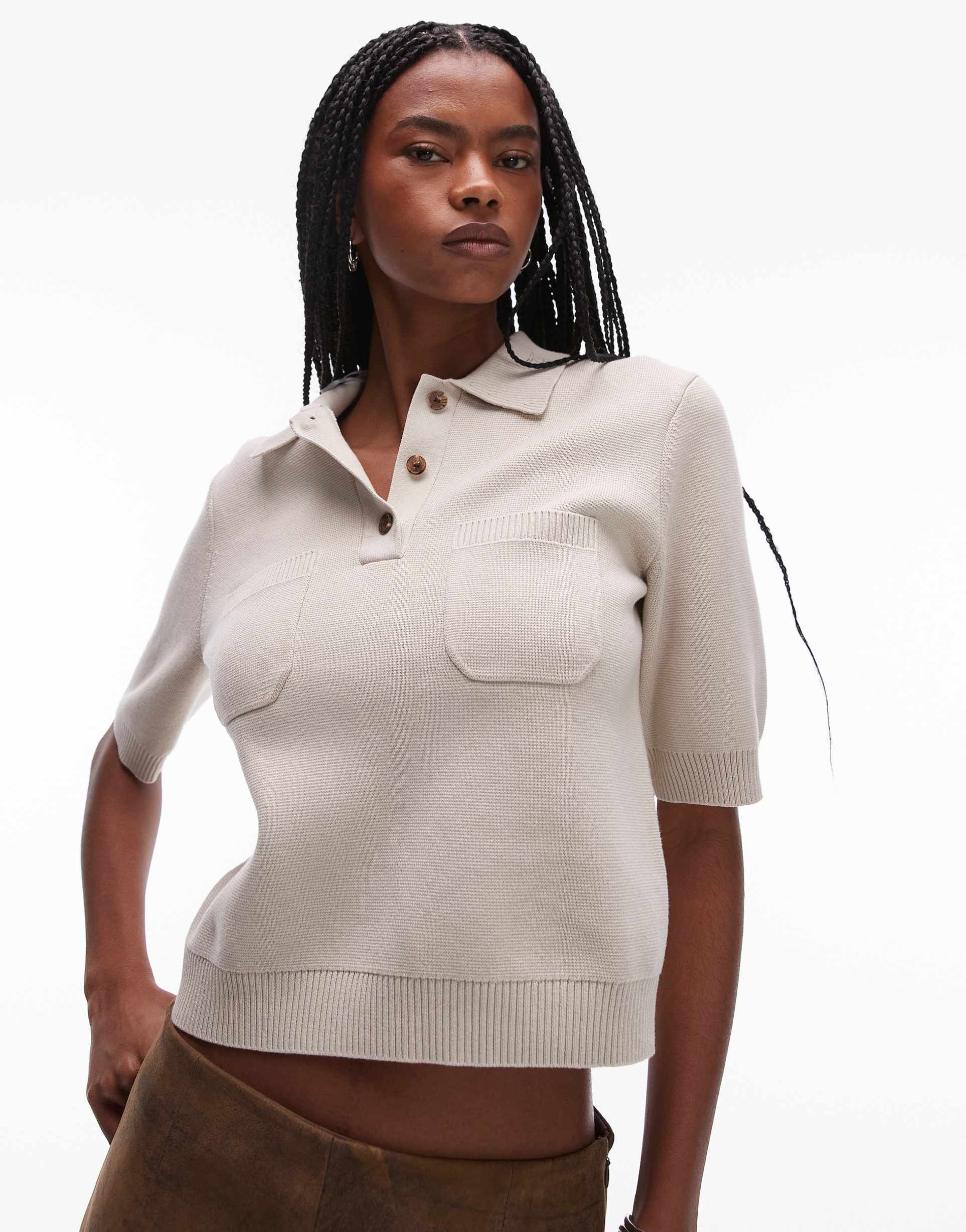 arket compact knitted top with button polo collar in beige