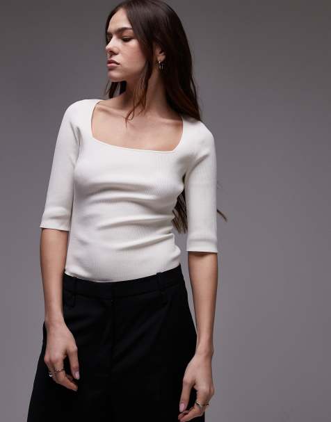 ARKET compact rib knit top with square neckline in white - view 1