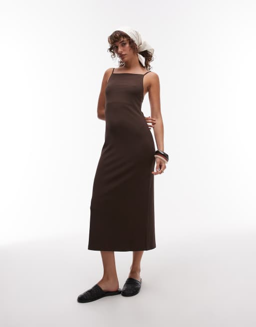 ARKET compact rib square neck sleeveless midi dress in chocolate