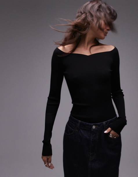 ARKET compact slinky compact knit top with off shoulder sweetheart neckline in black - view 1